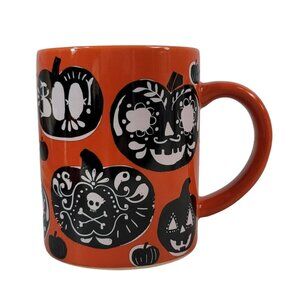 Crate & Barrel Halloween Boo Mug Orange Black 14oz Pumpkins Jack O'Lanterns